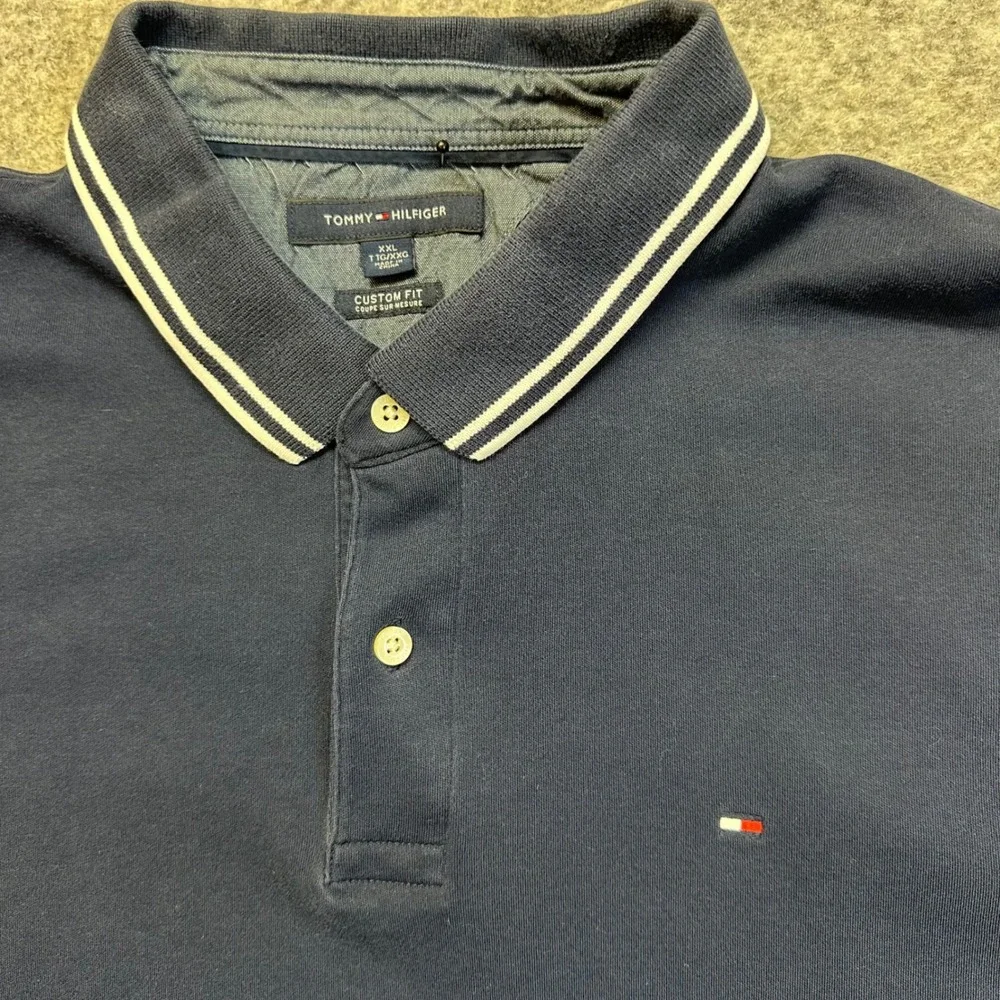 Tommy Hilfiger Polo Shirt Mens XXL‎ Navy Blue Excellent Custom Fit Tipped Trim